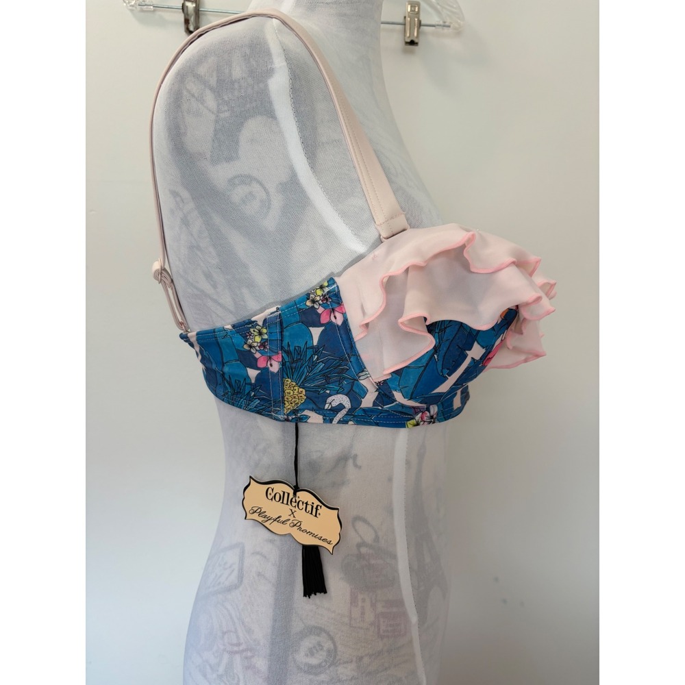 Collectif x Playful Promises Toucan Tropical Ruffle Bikini Top Blue Pink US 8 - Picture 2 of 7